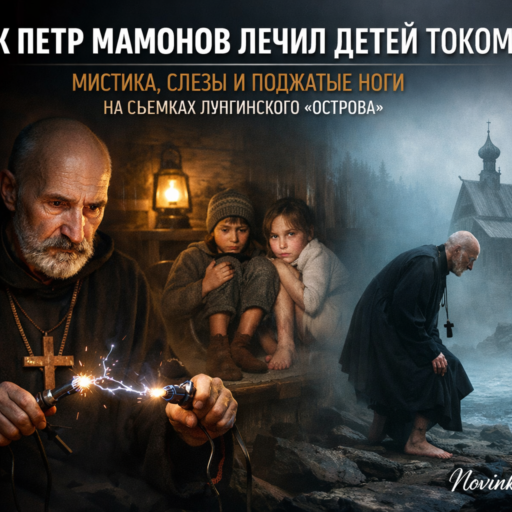 Петр Мамонов в образе старца, лечащего детей током, на съемочной площадке фильма «Остров»