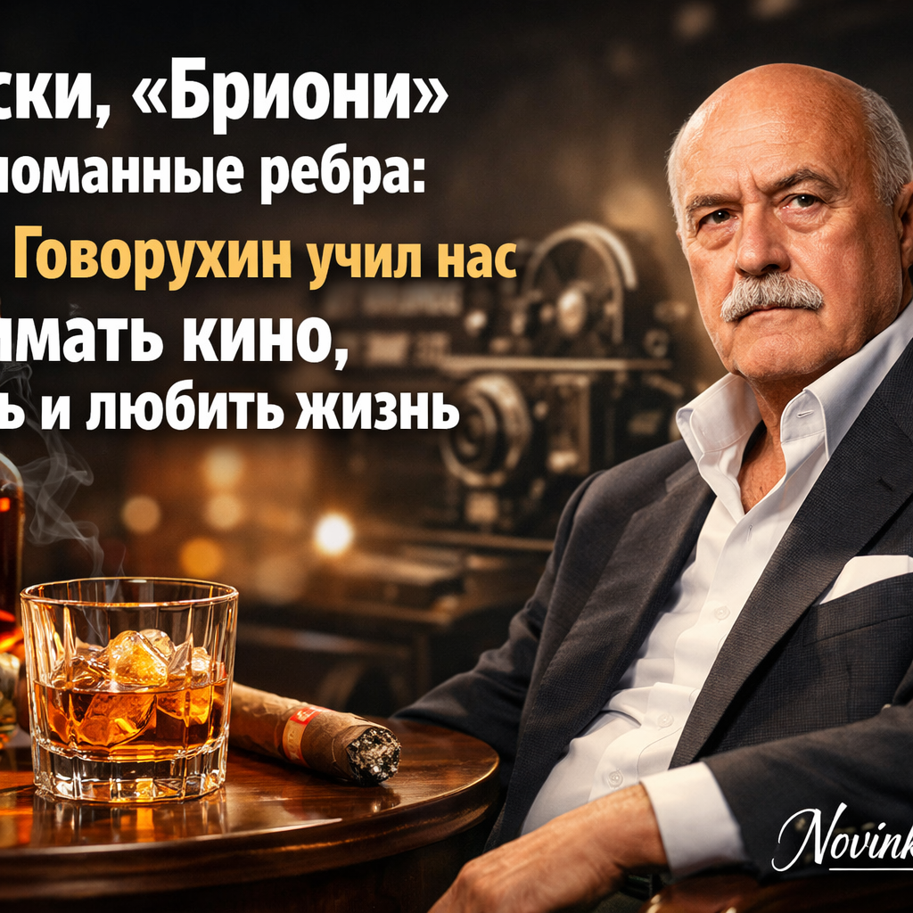Станислав Говорухин в окружении съемочной группы, держащий бутылку виски и одетый в костюм Brioni.