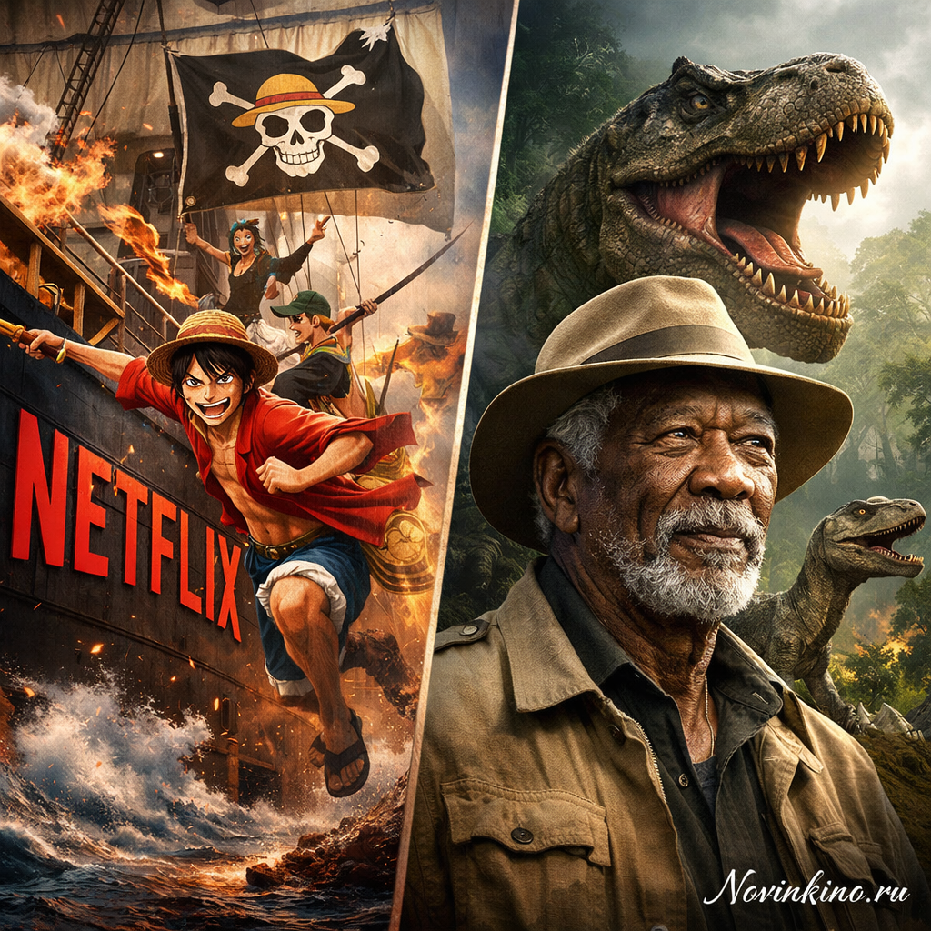 Арт с персонажами One Piece, взламывающими логотип Netflix, на фоне силуэтов динозавров и Моргана Фримена