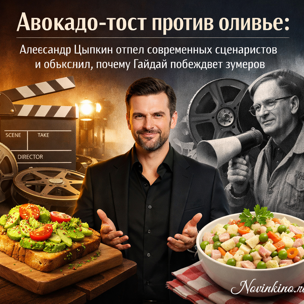 Иллюстрация или фото, символизирующее конфликт между современными трендами (авокадо-тост) и классикой (салат Оливье), с отсылкой к Александру Цыпкину и теме киносценариев.