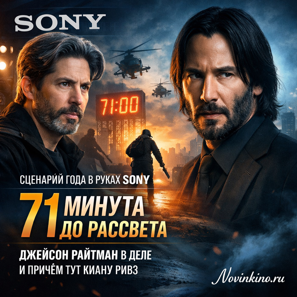 Обложка или постер фильма '71 минута до рассвета' с Джейсоном Райтманом, намеком на участие Киану Ривза и информацией о приобретении сценария компанией Sony.