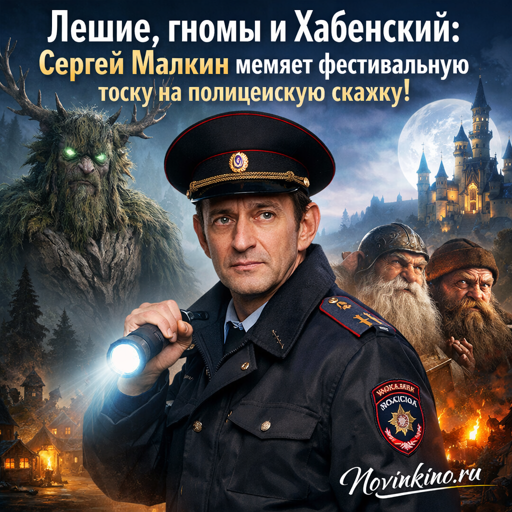 Фотография, иллюстрирующая статью о Сергее Малкине, его новых проектах с участием Константина Хабенского, леших и гномов, и переходе от фестивальной тематики к полицейской сказке.