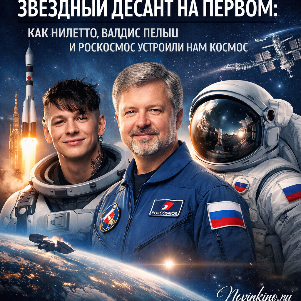 Фотография с мероприятия 'Звездный десант' на Первом канале, где присутствуют Нилетто, Валдис Пельш и представители Роскосмоса.