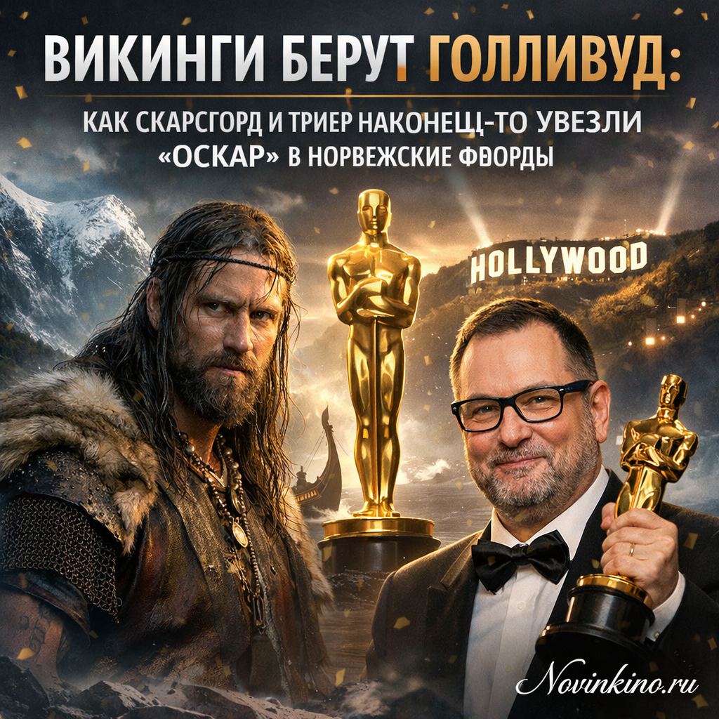 Александр Скарсгард и Ларс фон Триер с Оскаром на фоне норвежских фьордов