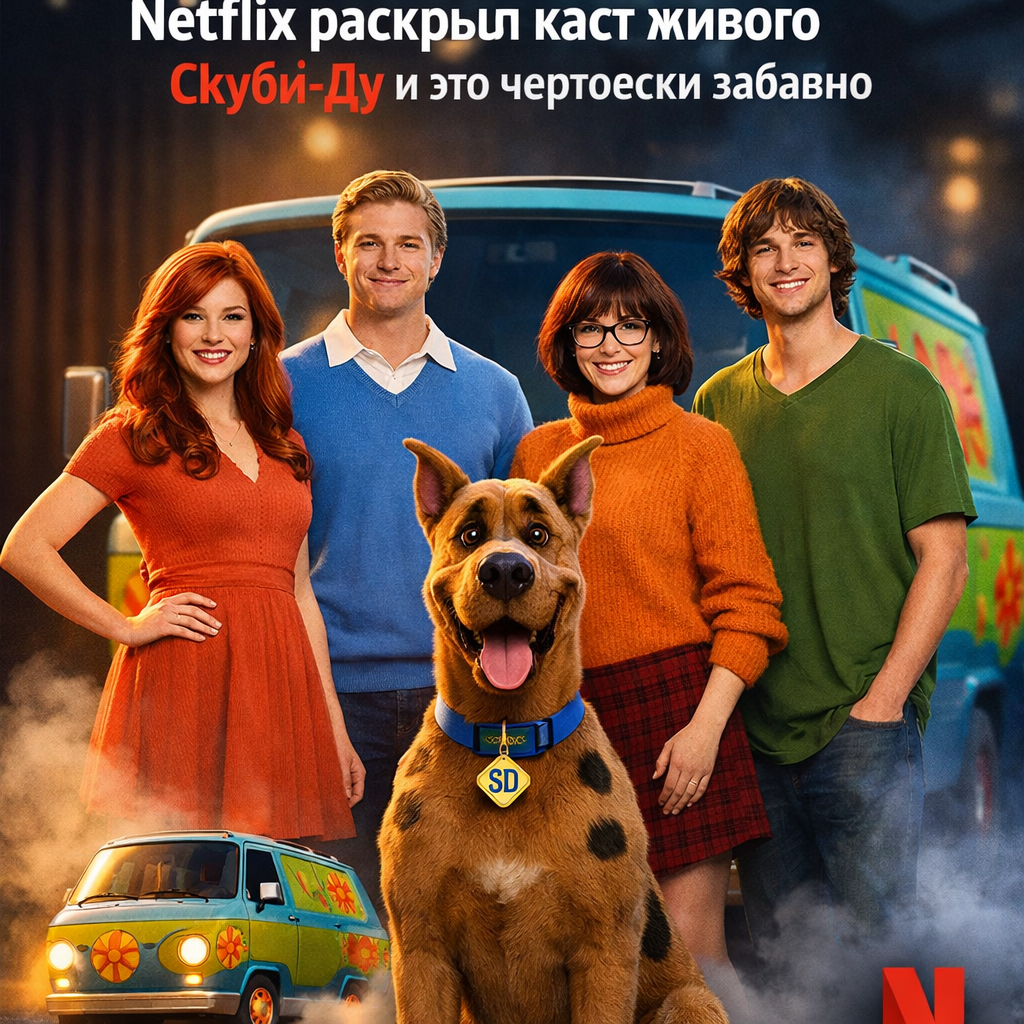 Кадр из анонса каста живого Скуби-Ду от Netflix с изображением членов команды и Скуби-Ду
