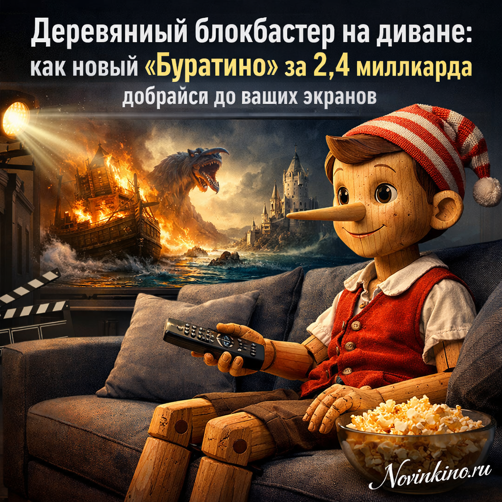 Кадр из нового фильма «Буратино» с деревянным мальчиком на диване, демонстрирующий впечатляющие спецэффекты и бюджет.