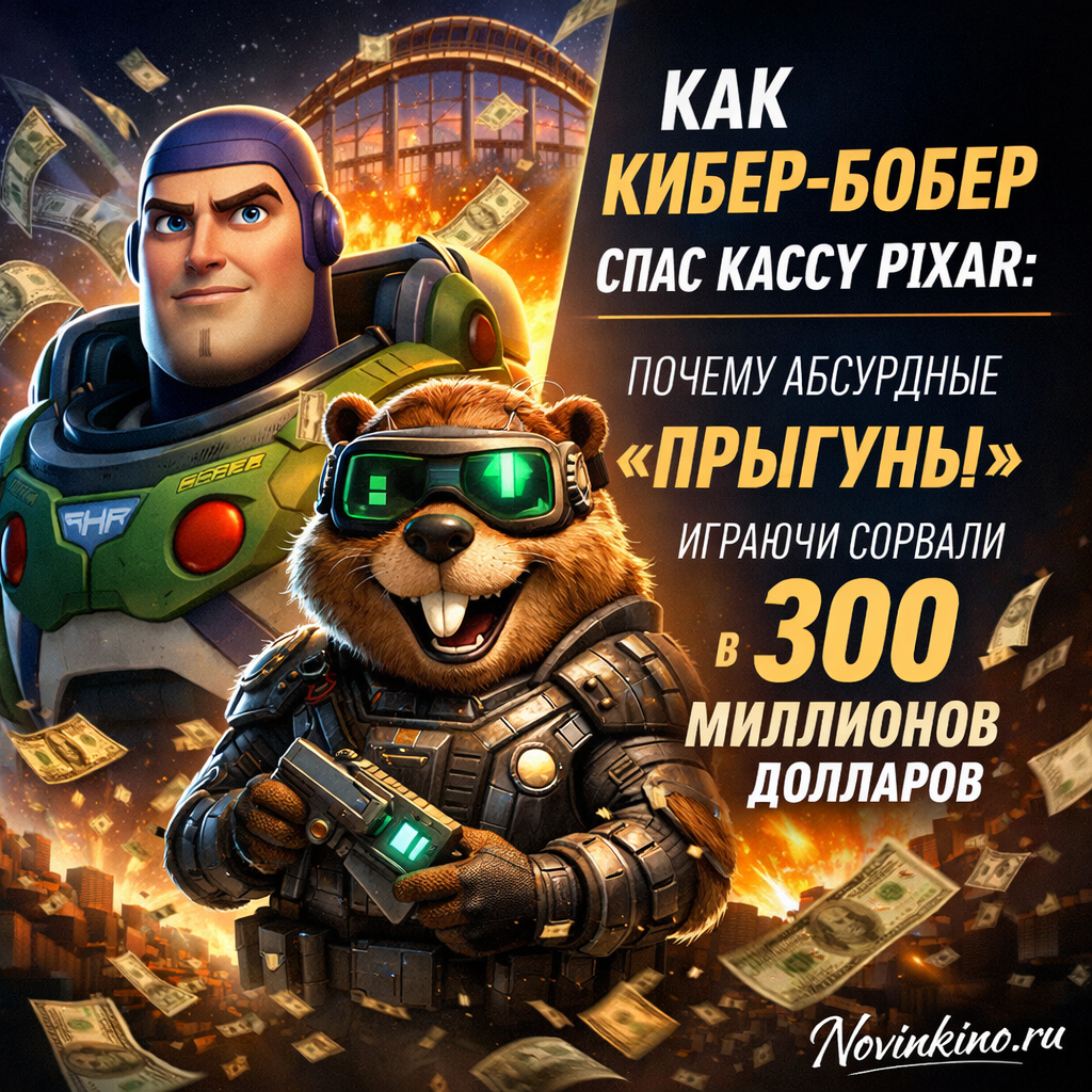 Иллюстрация кибер-бобра, сидящего на горе денег, символизирующего кассовый успех мультфильма «Прыгуны» от Pixar.