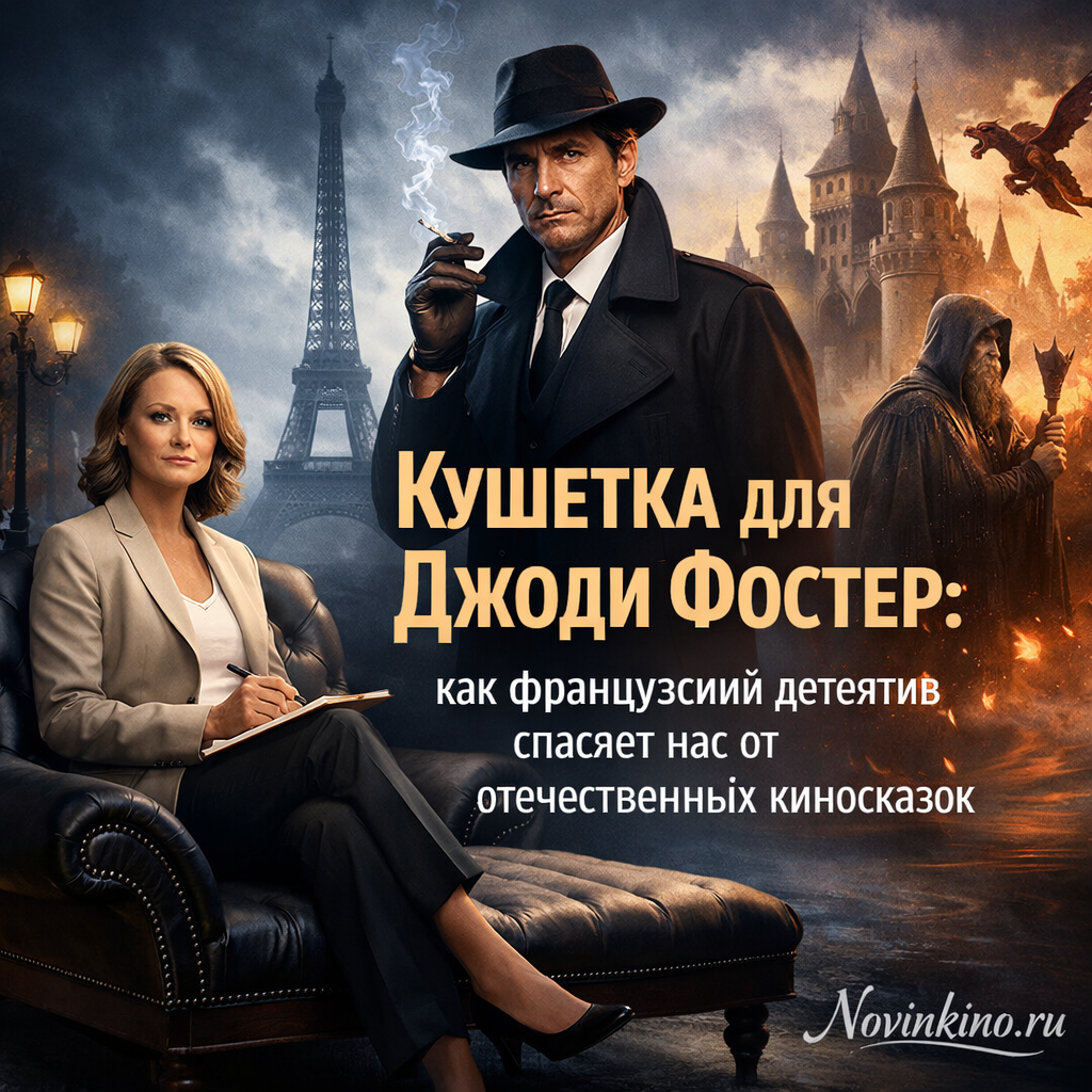 Джоди Фостер на кушетке, задумчиво смотрящая в сторону, на фоне стилизованного французского детектива