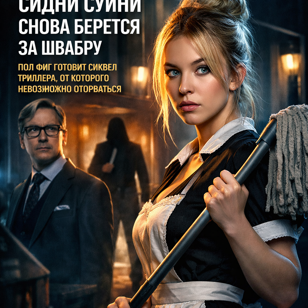 Сидни Суини в образе персонажа из триллера, держащая швабру