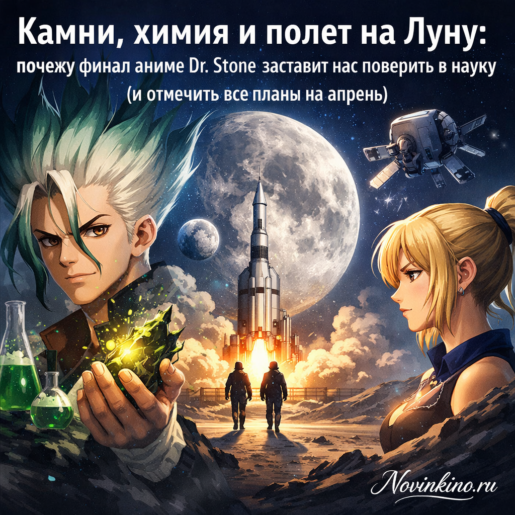 Изображение с персонажами аниме Dr. Stone, окруженными научными инструментами и космической тематикой, намекающее на финал сезона.
