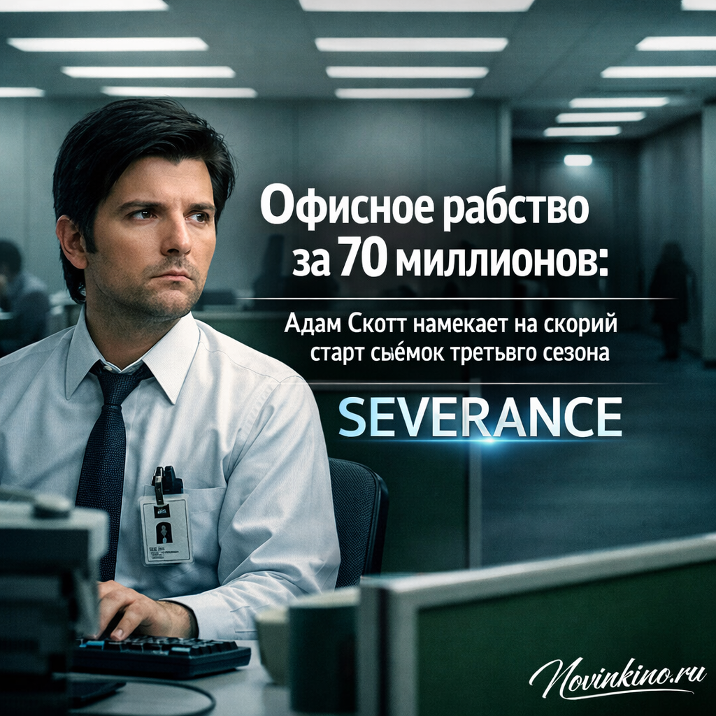 Адам Скотт в костюме на фоне офисного здания, кадр из сериала Severance