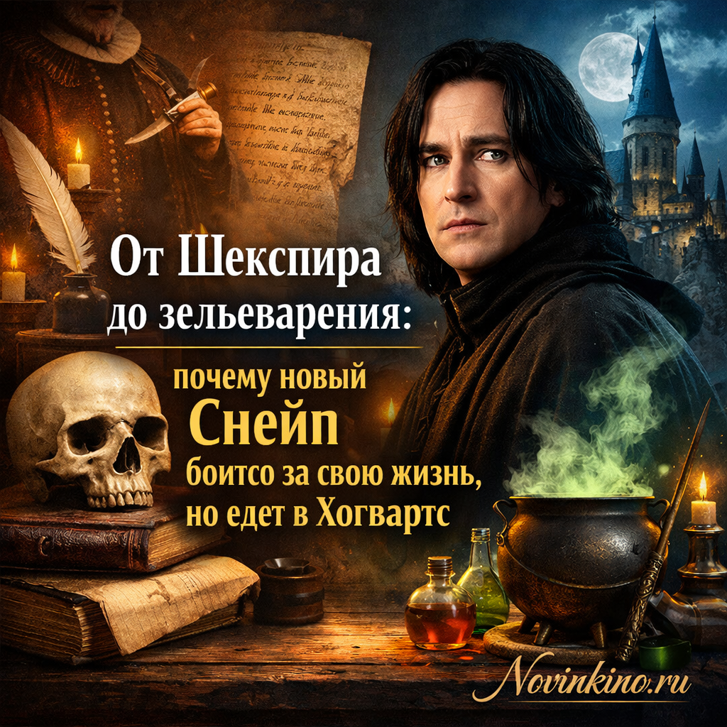 Актер в образе Северуса Снейпа, держащий зелье, на фоне Хогвартса