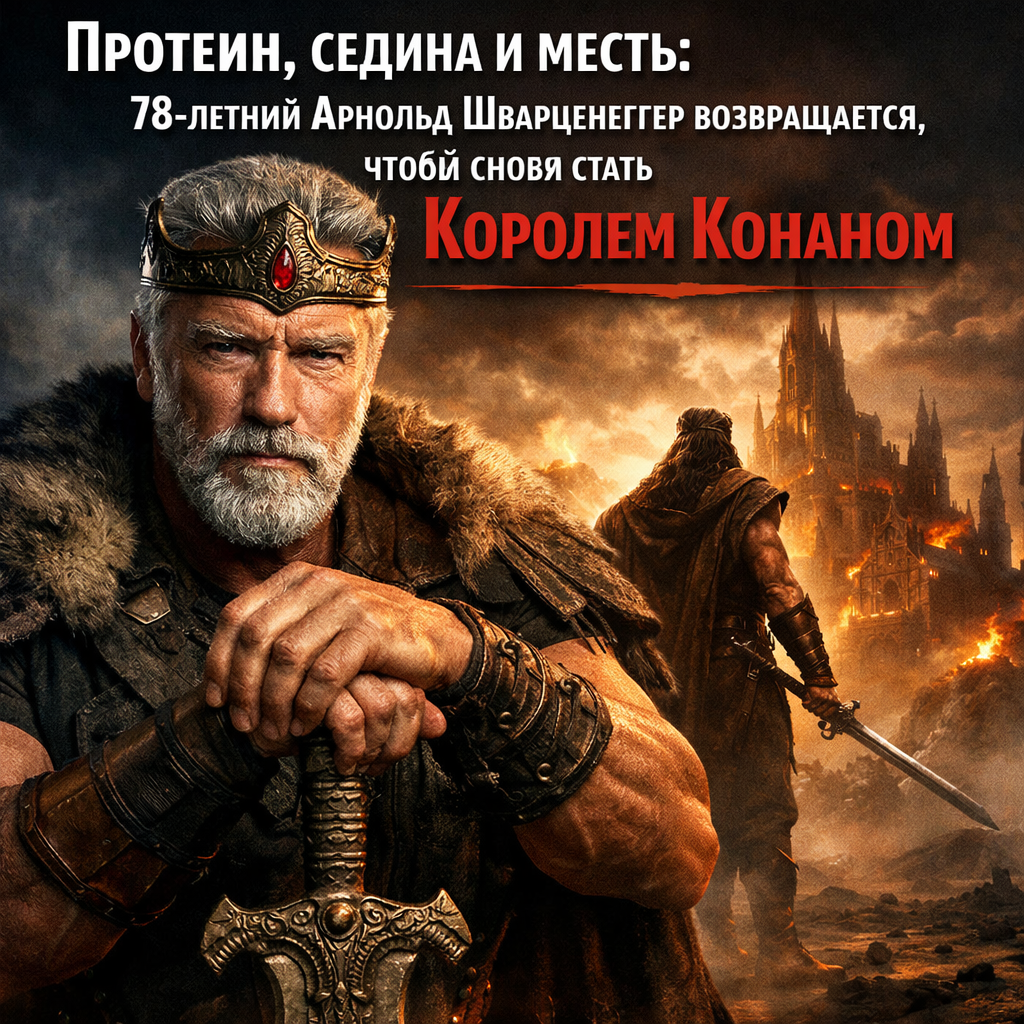78-летний Арнольд Шварценеггер в образе Конана-варвара, демонстрирующий силу и решимость