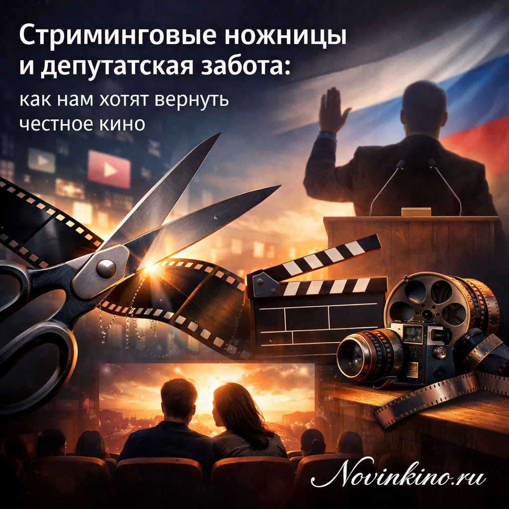 Изображение, символизирующее контроль над киноиндустрией: ножницы, перерезающие кинопленку, на фоне здания парламента или государственного учреждения.