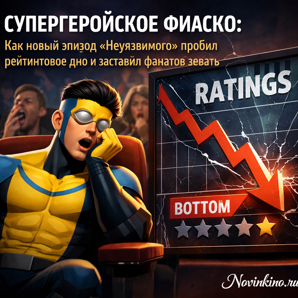 Изображение с персонажами мультсериала «Неуязвимый» на фоне падающих графиков рейтингов.