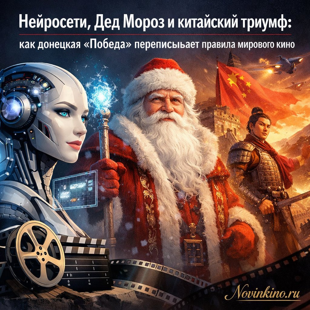 Символическое изображение, объединяющее элементы нейросетей (символизирующие технологии), Деда Мороза (символизирующий традицию и, возможно, культурный обмен) и китайские мотивы (символизирующие успех на международной арене), на фоне логотипа киностудии «Победа» из Донецка. Визуализация представляет собой концептуальное отражение статьи о влиянии донецкой киностудии на мировое кинопроизводство.