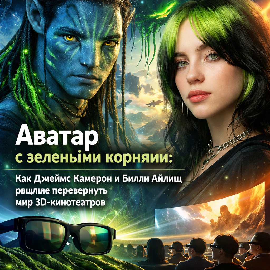 Иллюстрация, объединяющая элементы фильма Аватар с зелеными корнями и образ Билли Айлиш, символизирующая их влияние на 3D-кино.