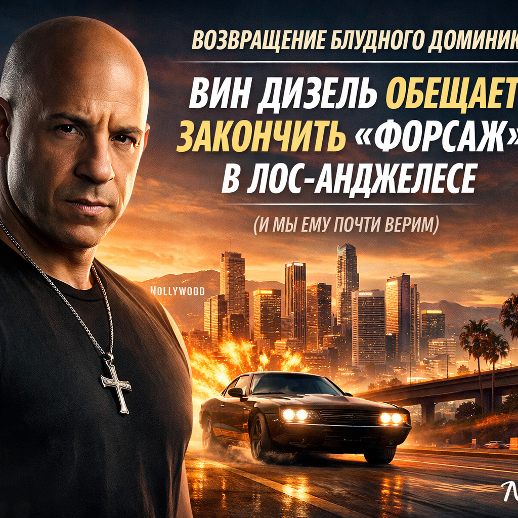 Вин Дизель на фоне автомобиля, возможно, из фильма «Форсаж», с выражением решимости на лице.