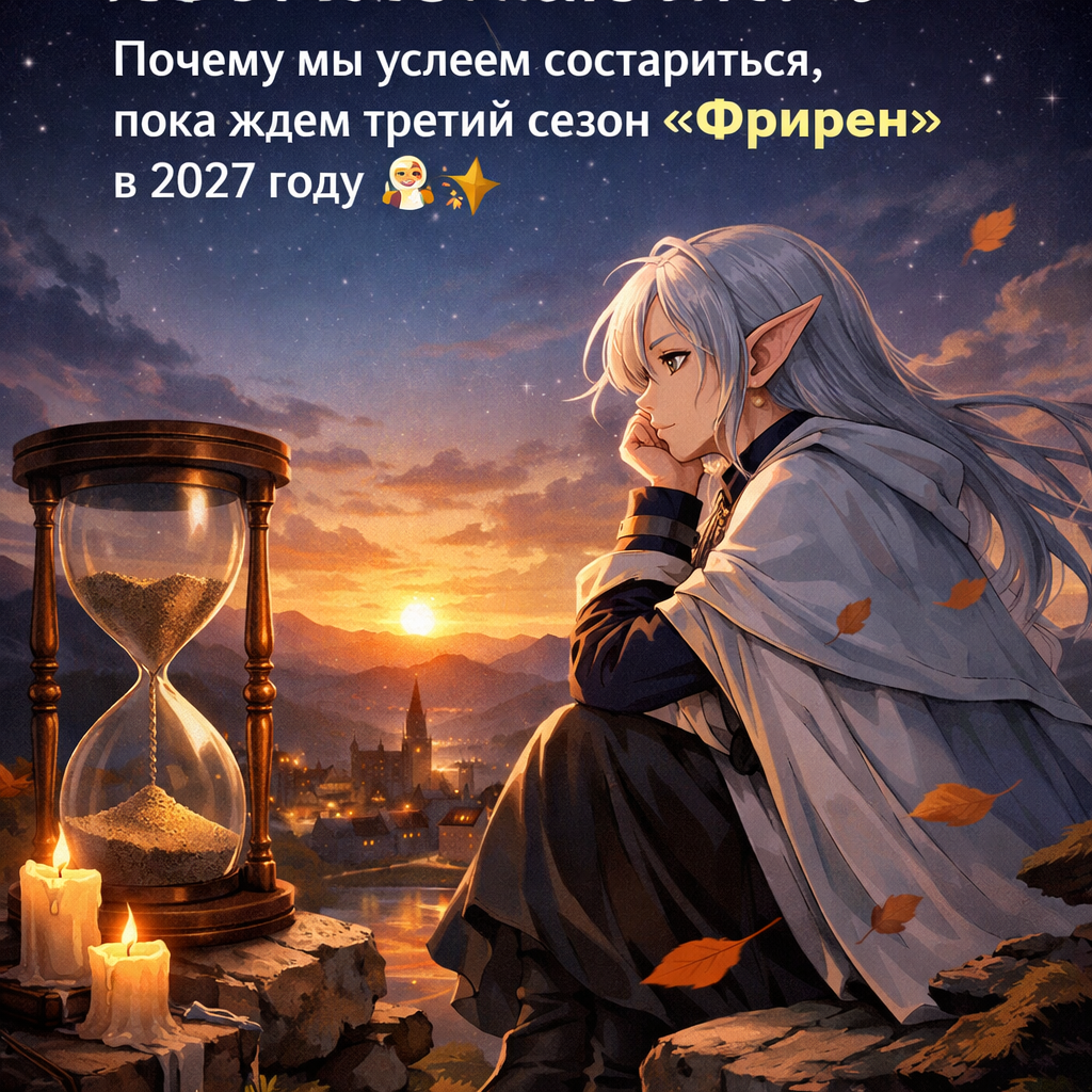 Изображение Фрирен, эльфийской волшебницы из аниме, в задумчивой позе на фоне пейзажа, символизирующее долгое ожидание нового сезона.