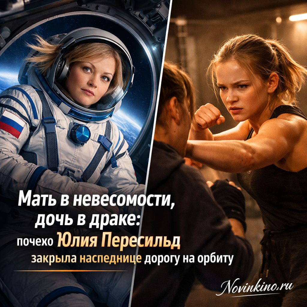 Юлия Пересильд и ее дочь, кадр из фильма или фотосессии, намекающий на контраст между космосом и борьбой.