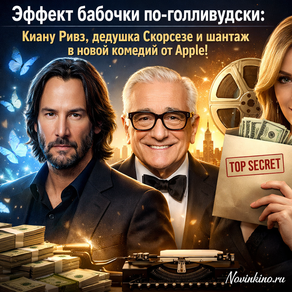 Постер или кадр из новой комедии от Apple с Киану Ривзом и Мартином Скорсезе, намекающий на сюжет с шантажом и эффектом бабочки.