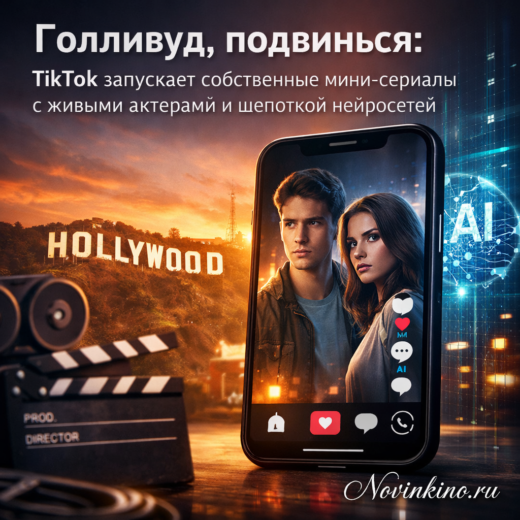 Логотип TikTok на фоне кинематографической тематики, символизирующей запуск мини-сериалов