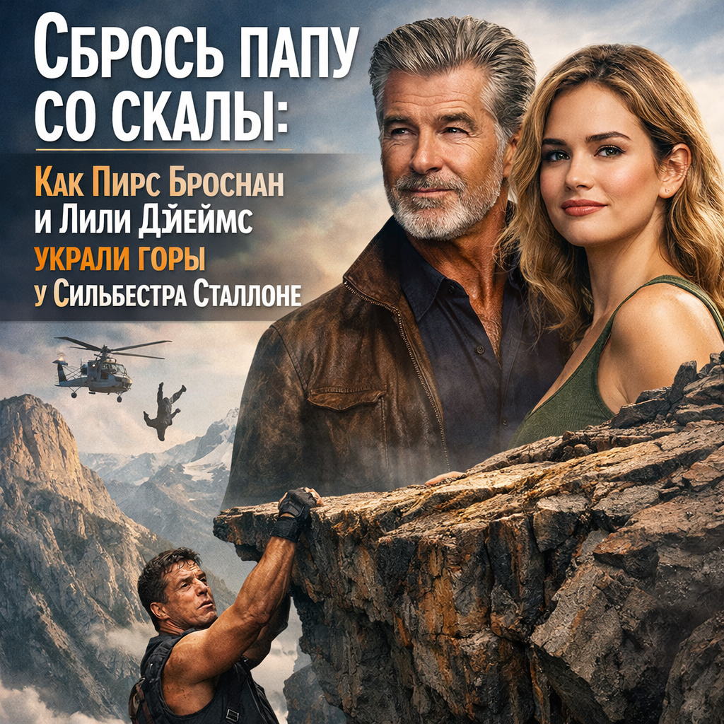 Пирс Броснан и Лили Джеймс на фоне гор