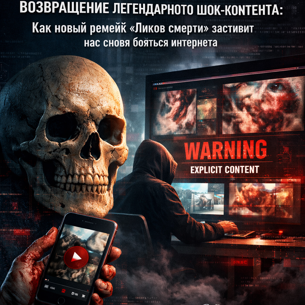 Обложка или постер ремейка фильма «Лики смерти» с устрашающими образами, символизирующими шок-контент и страх перед интернетом