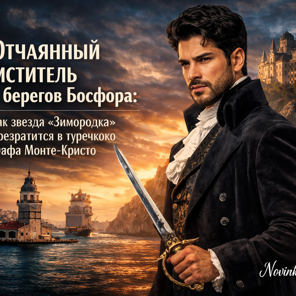 An intense portrait of an actor as a vengeful hero, drawing from the Count of Monte Cristo, set against the Bosphorus landscape