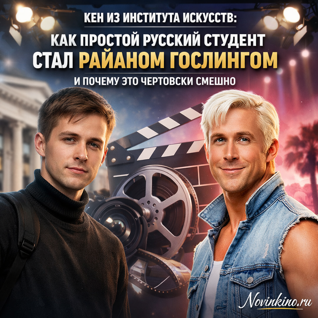 Русский студент из Института искусств в образе Кена Райана Гослинга из фильма Барби, юмористический мем
