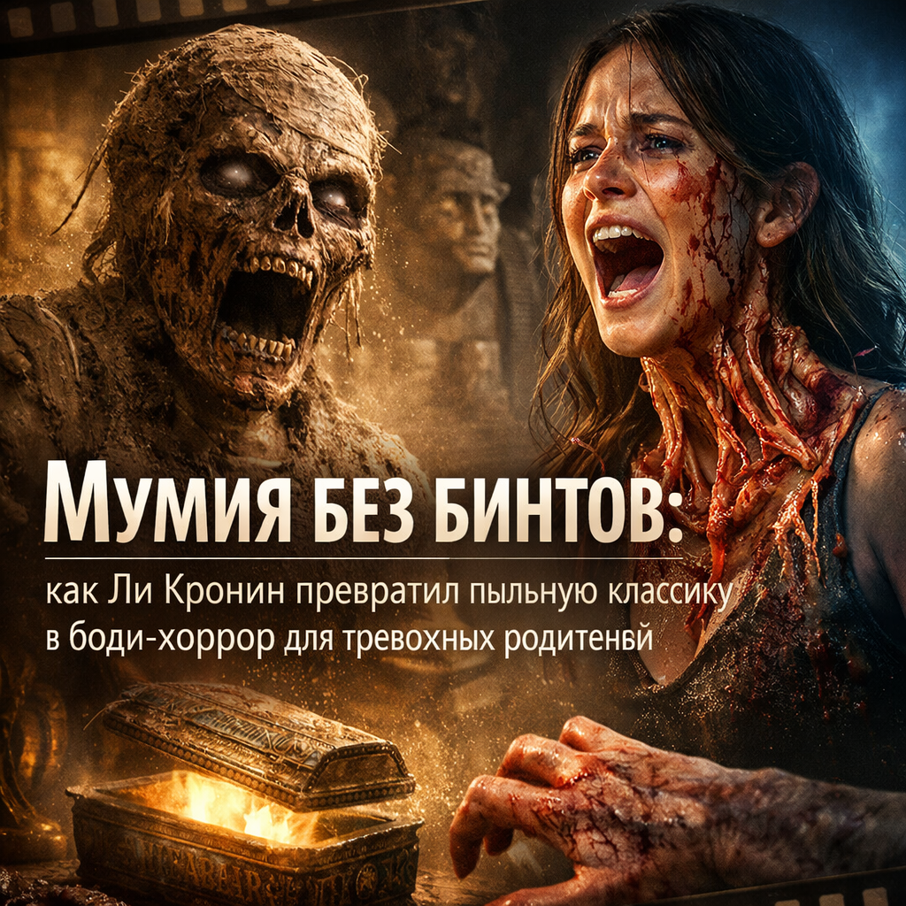 Постер к фильму «Мумия без бинтов» режиссёра Ли Кронина — современный боди-хоррор с мумией, выходящей из древних бинтов, в тёмном, тревожном стиле
