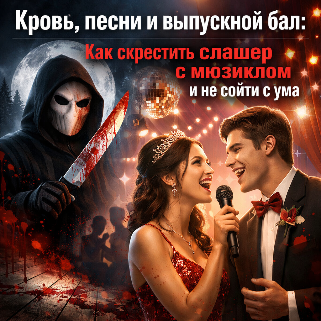 Кровавый выпускной бал в стиле слэшер-мюзикл: тёмный школьный зал с красными неоновыми огнями, ученики в окровавленных платьях и костюмах поют и танцуют, а маньяк с мачете в маске улыбается на фоне, смешивая ужас и музыкальную драму