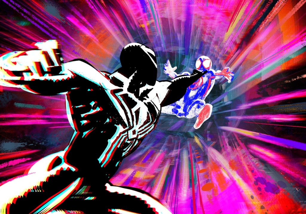 Новые кадры из Spider-Man: Beyond the Spider-Verse на фоне золотого закатного неба, напряжённая атмосфера перед бурей, стилизованные в аниме-комикс эстетике Spider-Verse