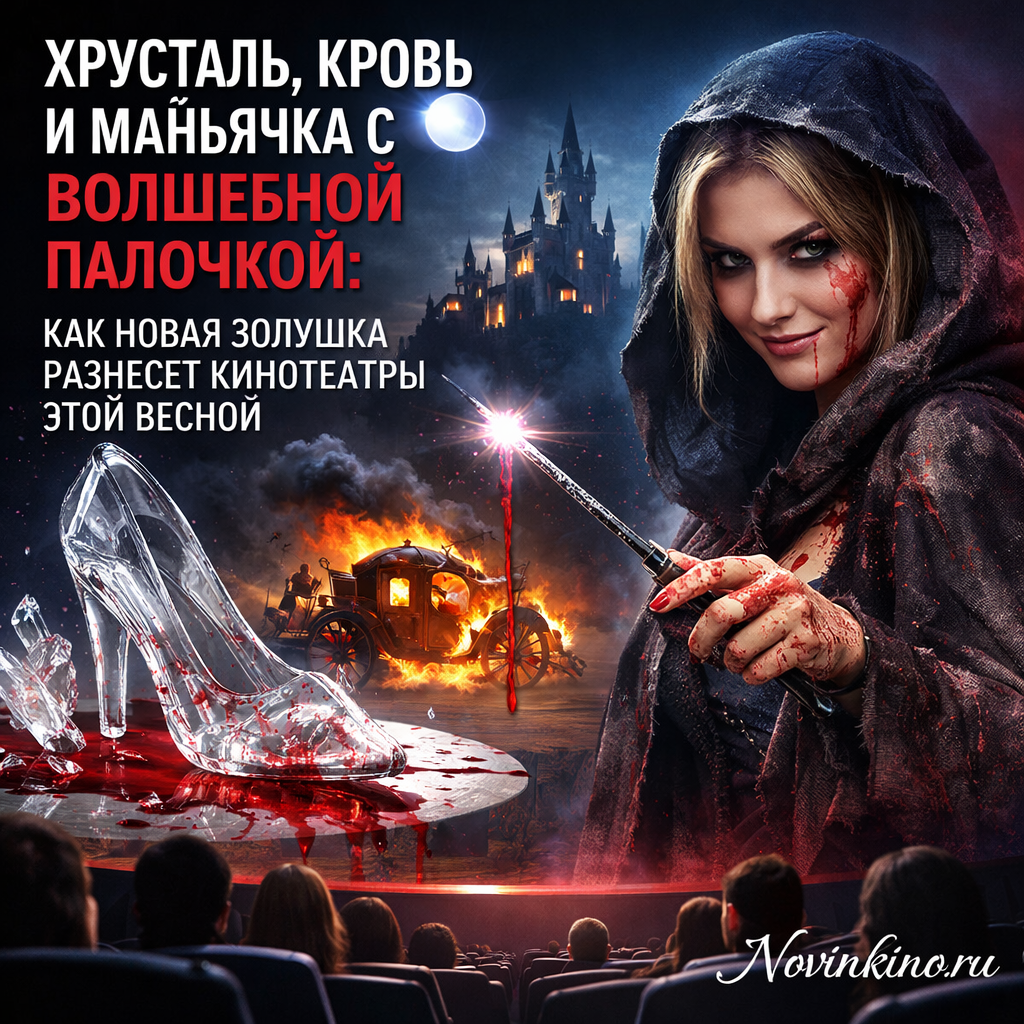 Постер фильма: кровавая Золушка в разорванном бальном платье держит окровавленную волшебную палочку, вокруг осколки хрустальных туфелек и брызги крови