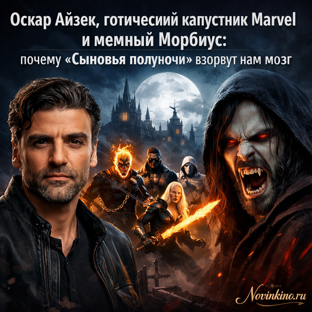 Оскар Айзек в образе Мистера Найта из комиксов Marvel «Сыновья полуночи», готический стиль, мемный Морбиус, тёмная атмосфера