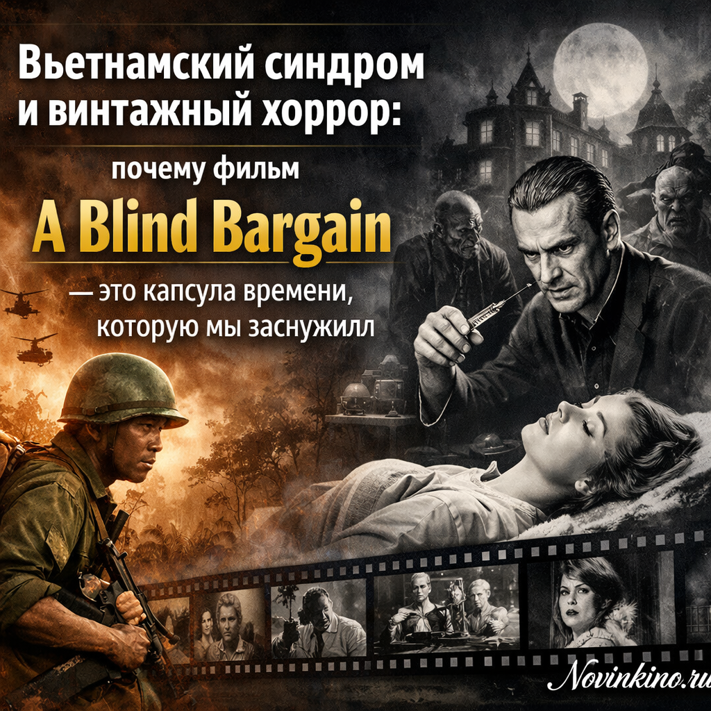 Винтажный постер к фильму A Blind Bargain в стиле классического хоррора 1970-х с элементами Вьетнамской войны и психологического триллера