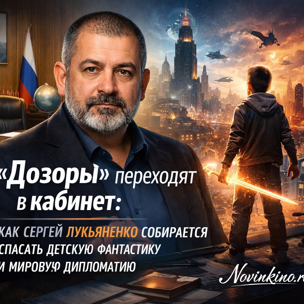 Сергей Лукьяненко за рабочим столом с книгами серии «Дозоры» и глобальной картой, символизирующей спасение детской фантастики и мировой дипломатии