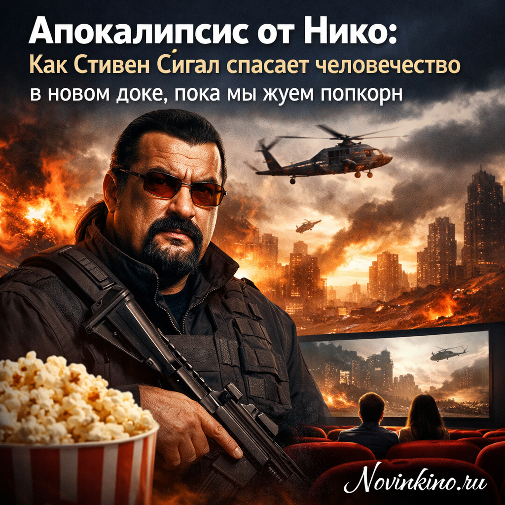 Стивен Сигал в образе героя, спасающего мир от апокалипсиса, с элементами мемов и попкорна