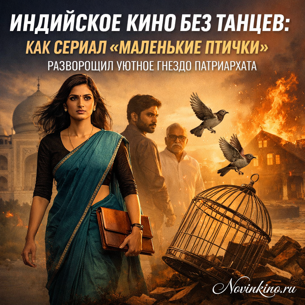 Постер или кадр из индийского сериала «Маленькие птички» — женщины в традиционной одежде смотрят прямо в камеру с решительным и задумчивым выражением, символизируя вызов патриархальным устоям
