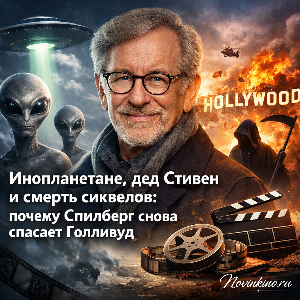 Стивен Спилберг на фоне космического корабля с инопланетянами и умирающих сиквелов Голливуда