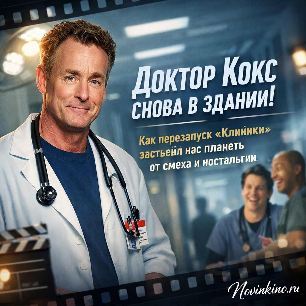 Доктор Кокс из сериала Клиника в белом халате с фирменной ухмылкой, стоит в больничном коридоре с надписью Sacred Heart, перезапуск сериала