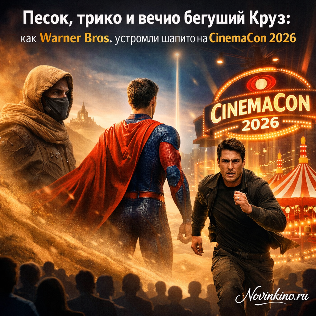 Том Круз в трико на фоне песчаной бури на презентации Warner Bros. на CinemaCon 2026