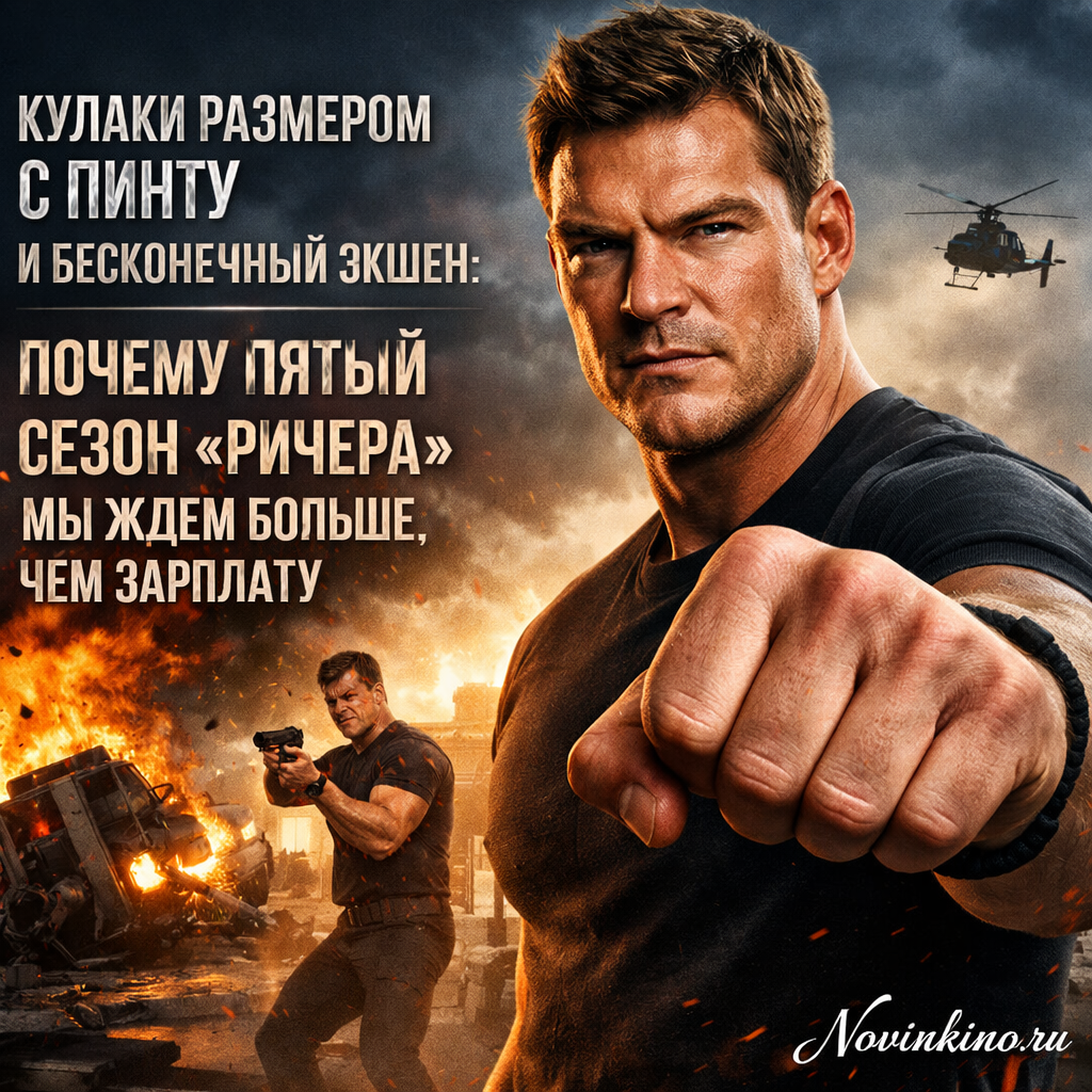 Постер к пятому сезону сериала Ричер: огромные кулаки главного героя, динамичный экшен, взрывы и напряжённый взгляд Алана Ритчсона