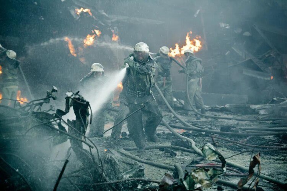 Illustration of the Chernobyl disaster's portrayal in films, featuring elements from Kozlovsky to CIA influences