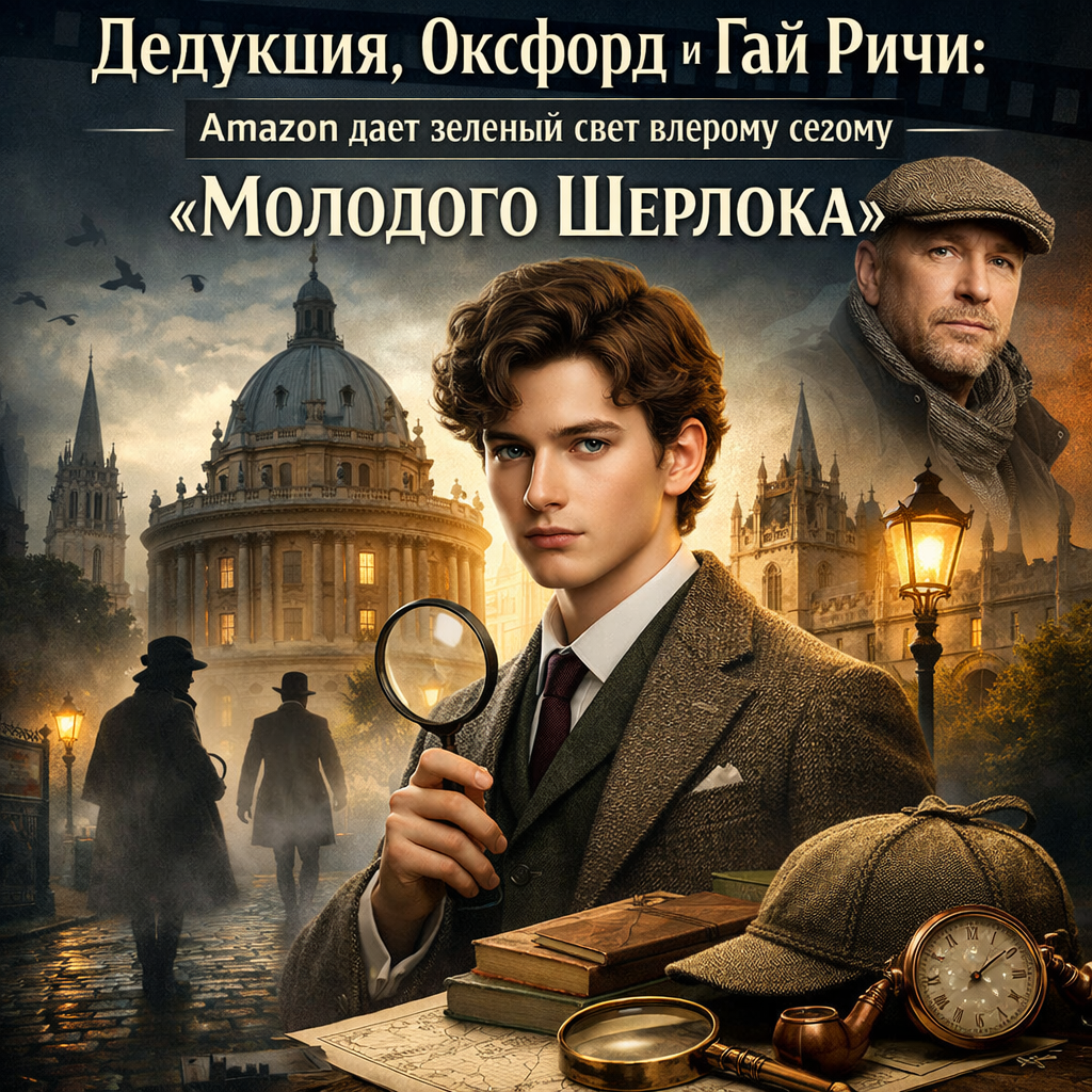 Promotional image for the second season of Young Sherlock, featuring deduction themes, Oxford University, and directed by Guy Ritchie, as officially approved by Amazon