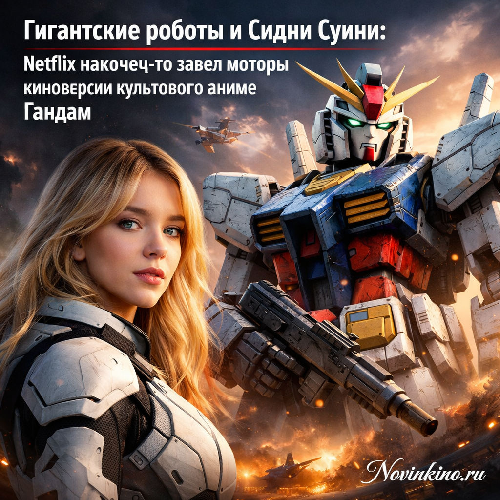 Сидни Суини в роли пилота среди гигантских роботов Гандам на фоне футуристического города, киноверсия культового аниме от Netflix
