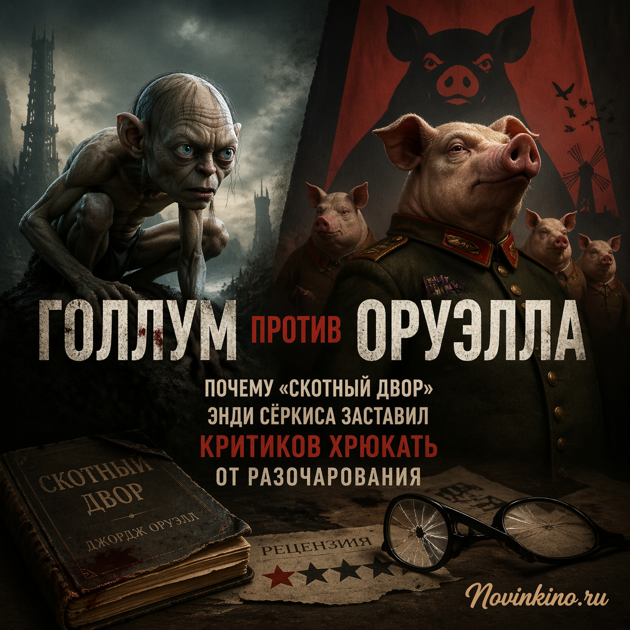 Illustration of Gollum confronting a pig from George Orwell's Animal Farm, symbolizing the critique of Andy Serkis's film adaptation