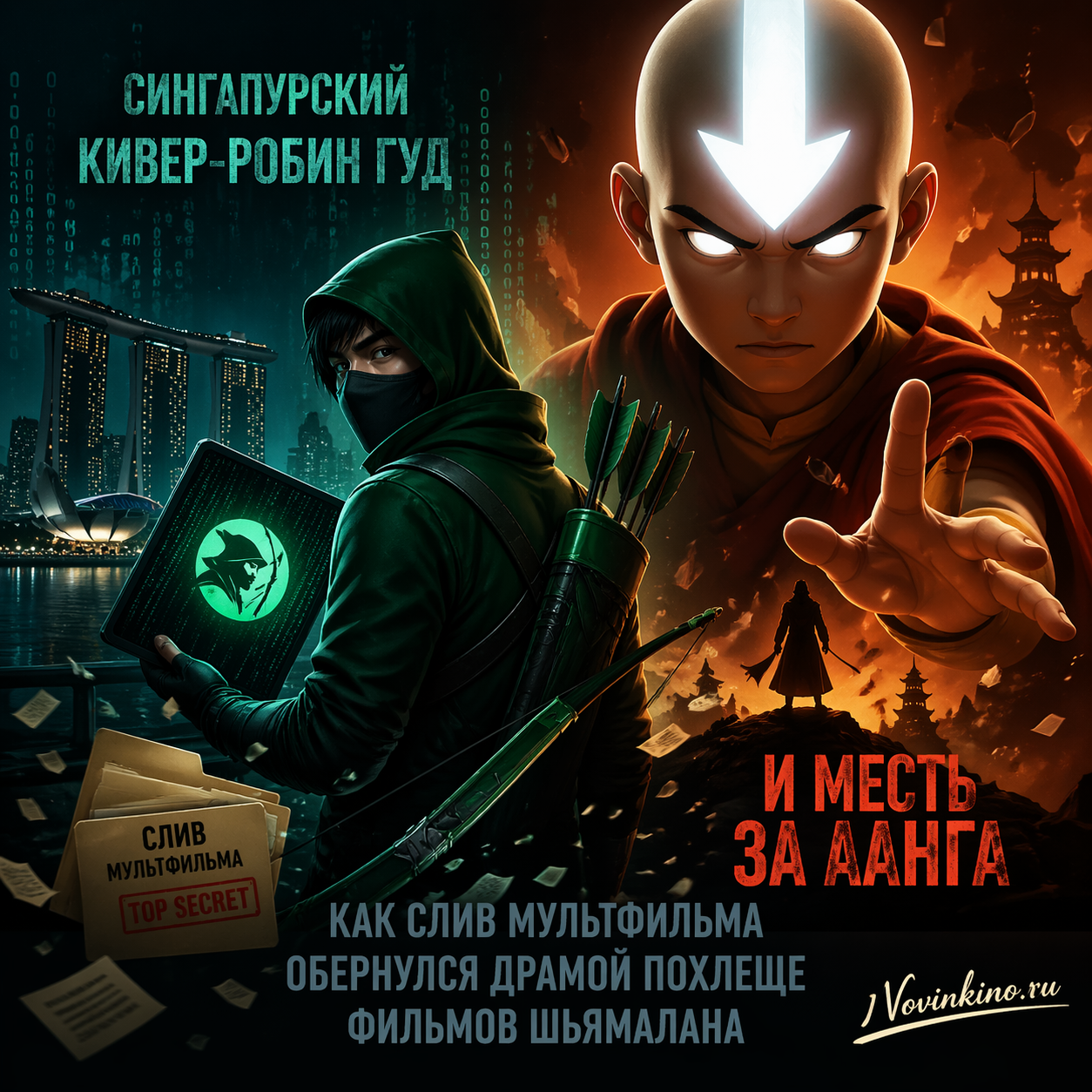 Illustration of a Singaporean hacker styled as Robin Hood, seeking vengeance for Aang from Avatar, amidst a chaotic cartoon leak scandal