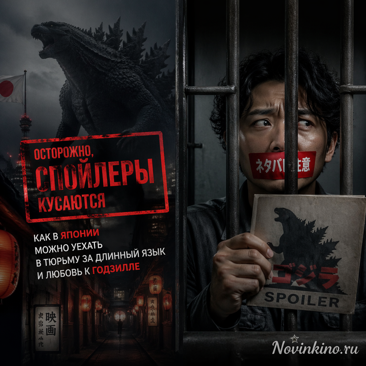 Illustration of a person behind bars with a roaring Godzilla in the background, symbolizing the risks of revealing movie spoilers