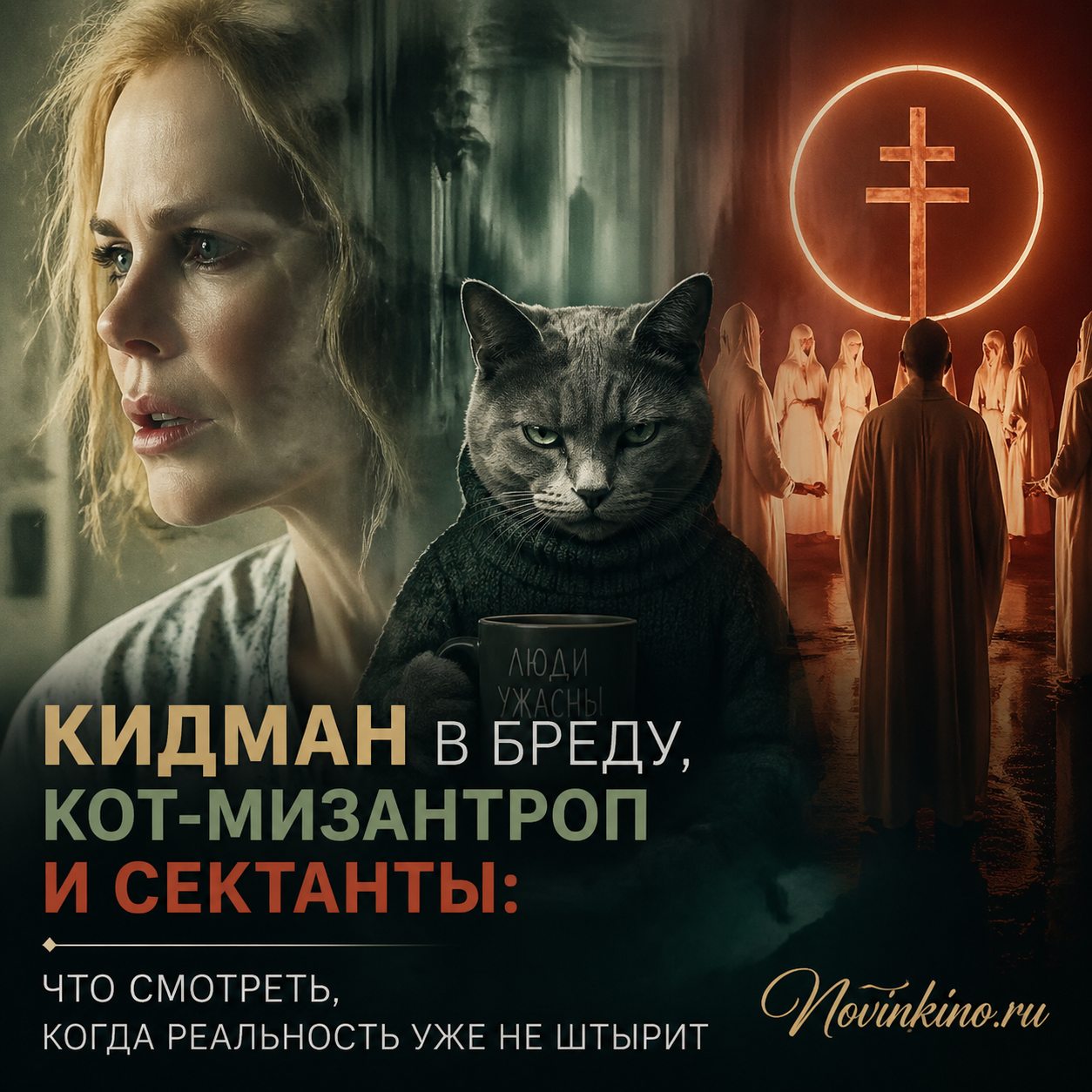 Николь Кидман в сюрреалистичном бреду, мрачный кот-мизантроп и странные сектанты на фоне хаотичного киноплаката